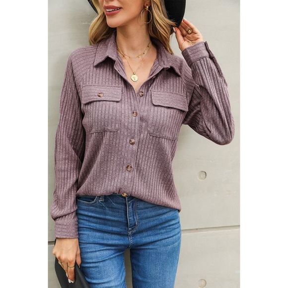 Azura Exchange  Purple Button Flap Pocket Ribbed Knit Shacket - Picture 1 of 15